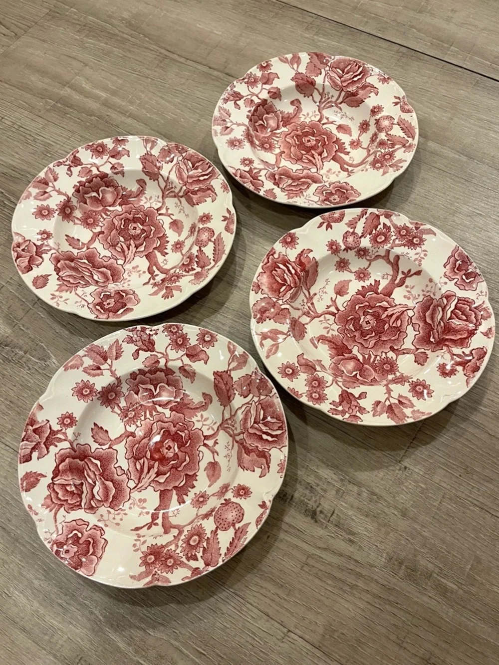 Vintage Johnson Brothers English Chippendale Red Floral Shallow Soup Bowls set 4